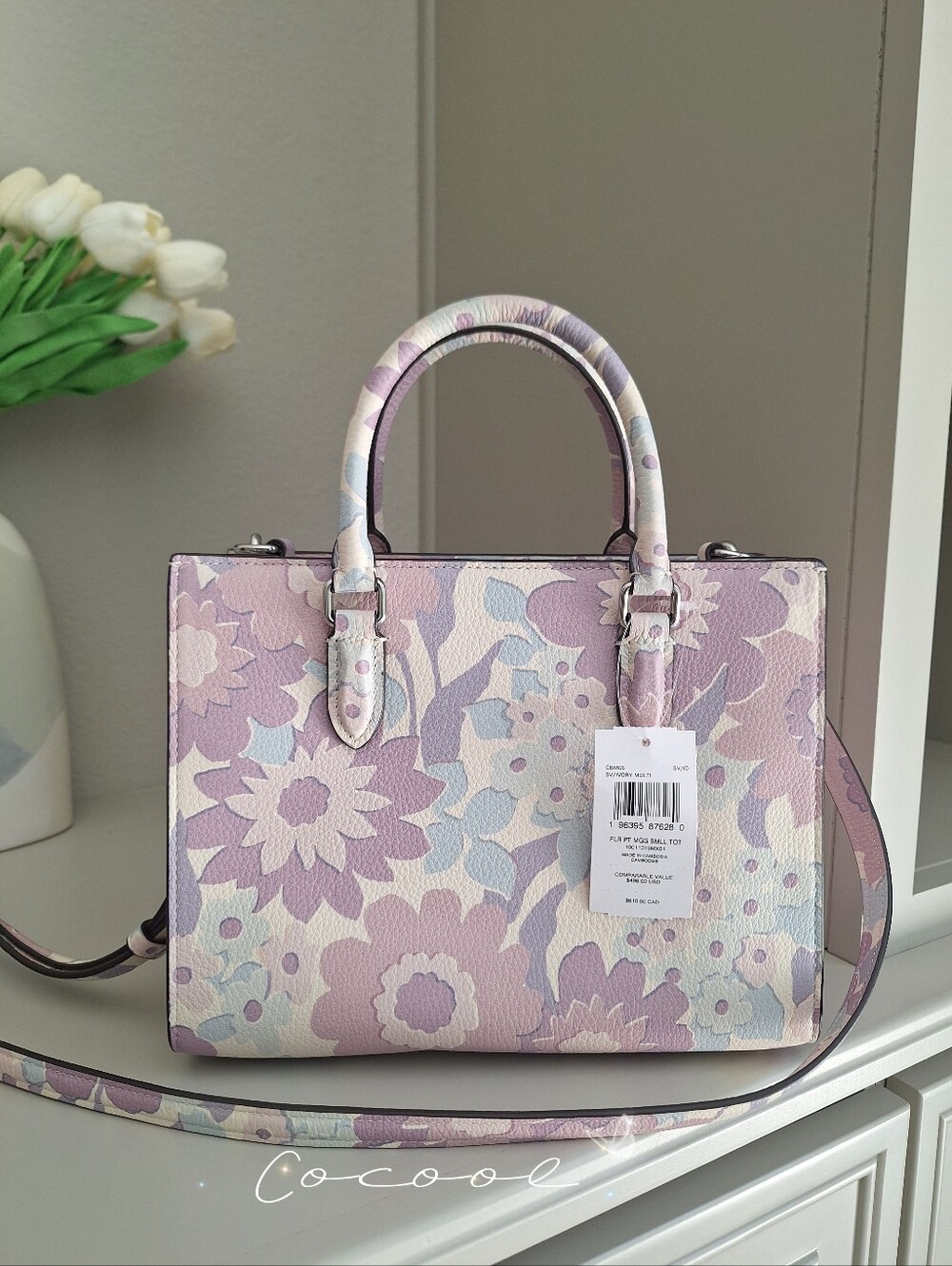 NEW COACH Maggie Small Tote Bag Crossbody Floral Print In Leather Ivory/Purple - Picture 3 of 8
